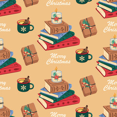 Seamless Christmas pattern. Holiday background with Christmas elements. Cartoon texture for fabric, wallpaper, wrapping paper.