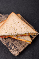 Sandwich with ham, salami, tomatoes, mustard, salt and spices