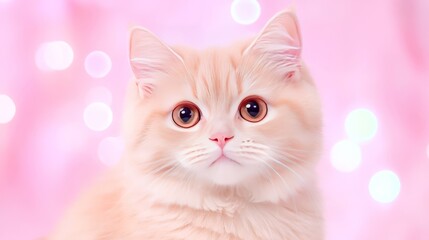 Creamy white Persian cat sitting on a sparkly pink backdrop with bokeh effects radiating elegance and charm in a magical studio setup