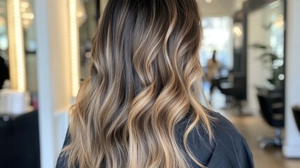 A woman in a beauty salon whose experienced stylist styles her hair in a fashionable and stylish long wavy ombre with highlights