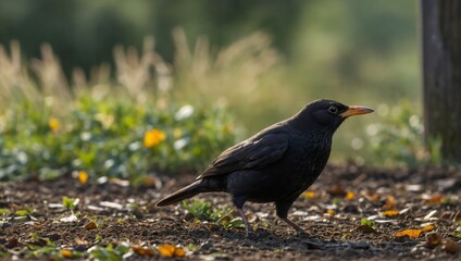 Obraz premium Black bird, starling on the road