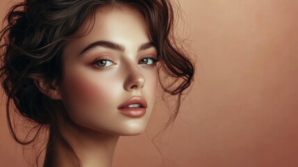 Naklejka premium A young woman with radiant skin and impeccably styled hair gazes into the distance, exuding confidence and elegance. Warm hues envelop the banner, adding a touch of allure Ð—
