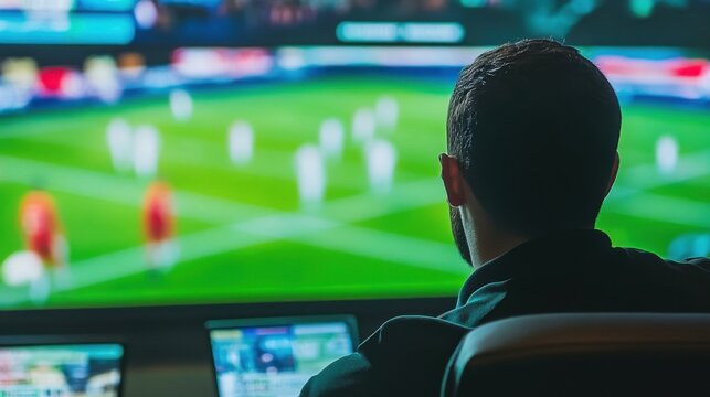Back view of man watching football match and making bets at bookmaker's website in front of TV screen