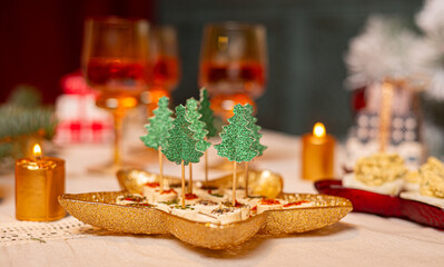 Celebration delicacies on Christmas table. Holiday food concept