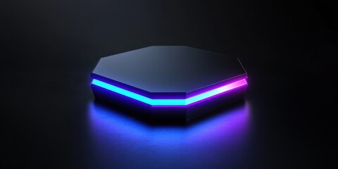 A minimalist glowing neon hexagon, glowing blue and purple, set against a sleek black surface
