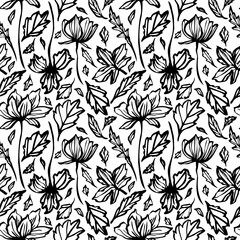 Cotton fabric Vector seamless pattern with hand drawn flowers and leaves, black and white monochrome linear drawing. botanical illustration, elegant floral line art for textile, packaging, wallpaper, covers, prints
