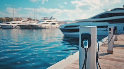 Charging station for boats. Electric sockets for charging ships in the harbor on a pier near the sea coast. Charging the yacht from the power station in the marina. Smart marine