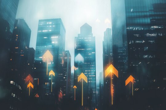 A city skyline with digital arrows pointing upwards, representing business growth and technological innovation in the urban environment of a financial services platform Generative AI