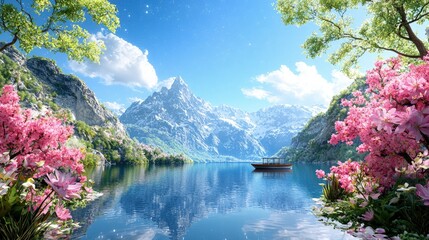 Naklejka premium Serene mountain lake with boat, pink flowers, and clear sky.