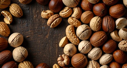 Various nuts background to view on wooden background with copy space