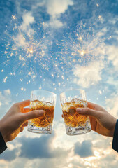 Sky-High New Year Toast with Whiskey Glasses