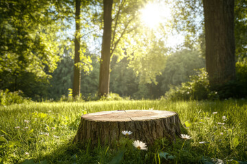 Tree stump surrounded by greenery in a forest