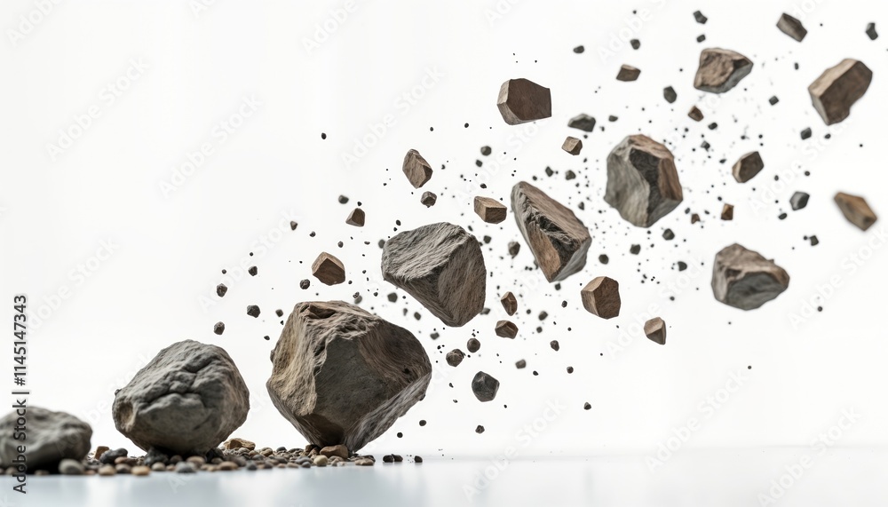 Fototapete Rocks burst, fly through air on transparent background. Decomposed stone particles explode in dynamic display of motion. Powerful impact, fragmentation create abstract image. Rock debris displays