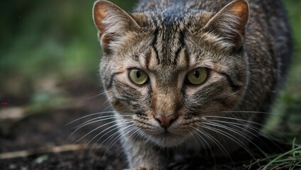 The forest cat is lurking on the hunt