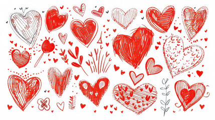 Collection of red hearts with a white background. The hearts are drawn in a crayon style, giving the image a playful and whimsical feel. The arrangement of the hearts creates a sense of unity