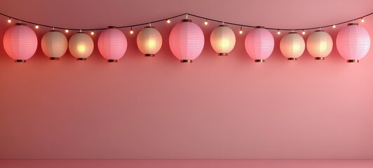 Decorative pink lanterns display event setting hanging decor cozy environment warm viewpoint celebration concept