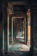Ancient stone corridor, pillars, receding perspective.