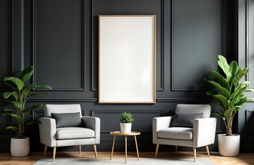 Stylish room interior with grey armchairs, small table, green plant. Blank poster on dark wall provides modern design template. Scandinavian style living room. Interior concept. Modern home decor.