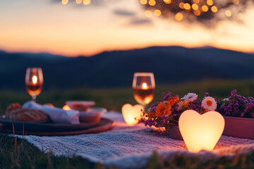 Fototapeta premium Outdoor picnic with candles, flowers, and romantic lighting