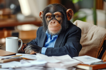 Portrait of cute monkey wearing in blue suit with calm and friendly expression on his face with cup...