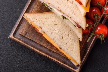 Sandwich with ham, salami, tomatoes, mustard, salt and spices