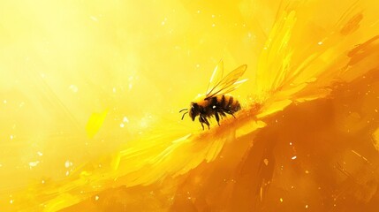 Naklejka premium Bee pollinating a bright yellow flower in sunlight.