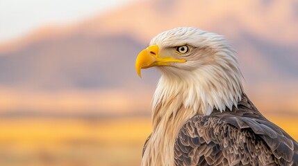 Obraz premium Majestic eagle perched proudly against a scenic mountain range backdrop during golden hour capturing strength freedom and the grandeur of nature’s landscapes