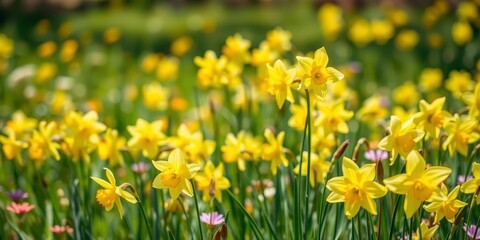 Fototapeta premium A beautiful field of yellow daffodil flowers under a clear blue sky, garden, petals