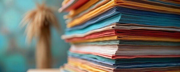 Stacked colorful papers represent compilation of research documents. Collection of scholarly articles, journal papers. Papers in different colors, form high stack. Documents look like academic