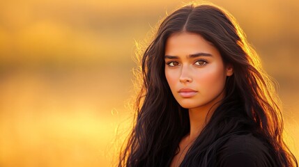 Fototapeta premium Portrait of a young woman with long dark hair in warm golden sunset lighting capturing natural beauty vibrant tones and emotional depth for lifestyle photography themes