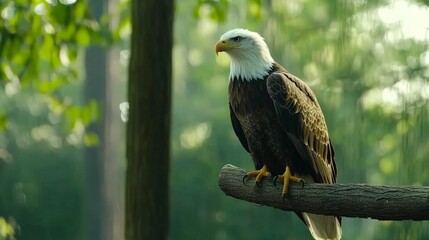 Majestic bald eagle perched on a tree branch in a misty forest highlighting its commanding presence sharp detail and tranquil natural setting for wildlife conservation themes