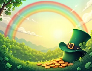 Festive St Patricks Day illustration. Green landscape with shamrocks, vibrant rainbow. Leprechaun hat filled with gold coins sits on grassy hill. Springtime scene evokes Irish celebration, good luck.