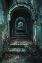 Ancient stone stairway, arched passage, decaying structure.
