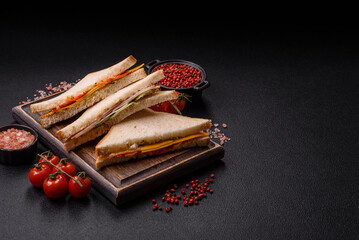 Sandwich with ham, salami, tomatoes, mustard, salt and spices