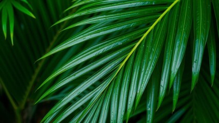 Close up of a natural green palm leaf texture in tropical setting, nature, palm leaf