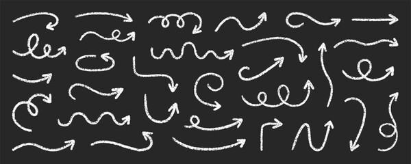 Chalk pencil arrows doodle set. Charcoal childish scribble direction pointers in sketch style. Crayon and Grunge texture. Hand drawn vector illustration isolated on black background