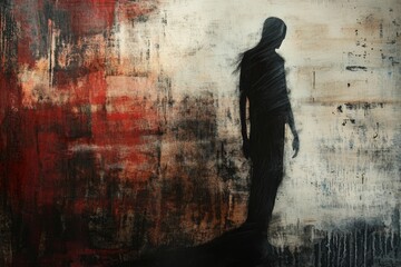 Obraz premium Dark figure stands against textured, red-toned background.