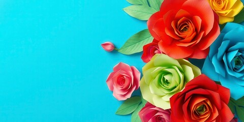 Obraz premium Colorful paper roses in various shades creating a vibrant backdrop, background, colorful