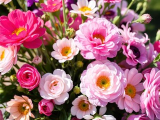 Fototapeta premium Beautiful pink and white ranunculus flowers in full bloom on a sunny day, soft focus, bouquet
