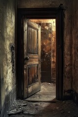 Fototapeta premium Old wooden door opens to decaying room.