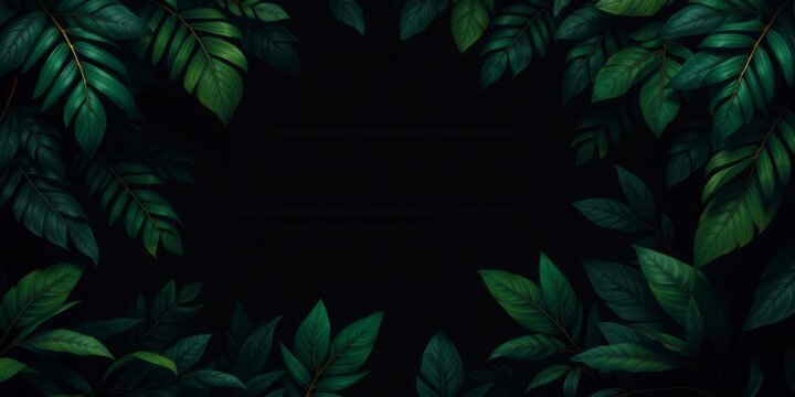 Dark tropical pattern featuring exotic leaves in rich green hues on a black background, dark, nature, green