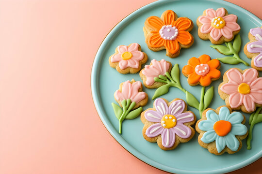 Colorful cookies shaped like flowers are artfully displayed on a pastel plate, celebrating spring