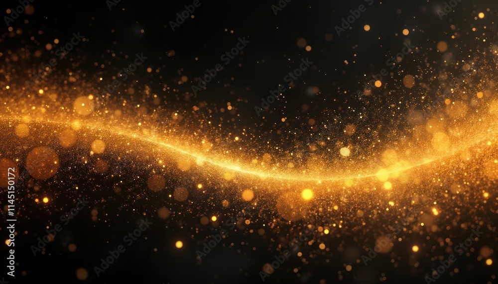 Aufkleber Abstract illustration of glowing gold dust. Particles of light create dynamic wavy pattern against dark background. Evokes magic celestial event. Design suitable for posters, websites, video games,