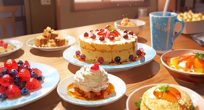anime, cake, birthday, celebration, cute, joyful, happy, sweet, festive, dessert, drawing, cartoon, party, colourful, manga, fantasy, birthday cake, illustration, artistic, delicious, bakery, confecti