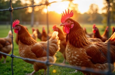 Fototapeta premium Group of Rhode Island Red chickens relax in coop at sunrise. Hens, rooster in rural farm setting. Peaceful morning scene in grassy field. Chickens free range. Domestic farm animals. Sunrise light