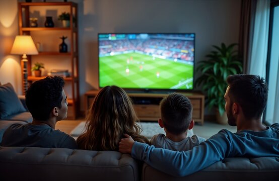Group of friends watch football match on TV in apartment at night. Enjoying game together on sofa. Family leisure activity. Excited for live soccer game. Cheerful, happy mood. Celebration atmosphere. - Powered by Adobe
