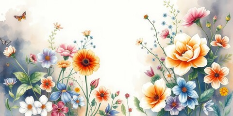 Colorful flowers painted in watercolor style, delicate, botanical