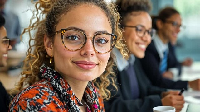 A diverse group of professionals is engaged in a collaborative meeting. A woman with curly hair and glasses smiles at the camera, while colleagues discuss strategies in the background.