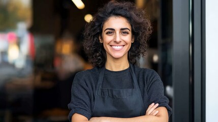 Confident woman with curly dark hair wearing a black apron standing outside a bustling café exuding entrepreneurial spirit and professional charm