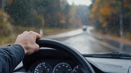 Obraz premium A person is driving a car with one hand on the steering wheel, navigating a road lined with trees, with a dashboard in focus